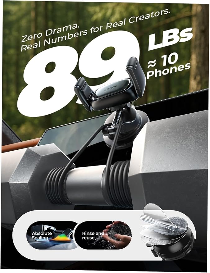 LISEN Suction Phone Mount, [Industry First] Auto-Adjusting Phone Holder Suction, Easy One Touch Suction Cup Phone Mount Cell Phone Mount Car Dash for iPhone 17 Pro Max 16 15 14 Galaxy S26 25 All Cases