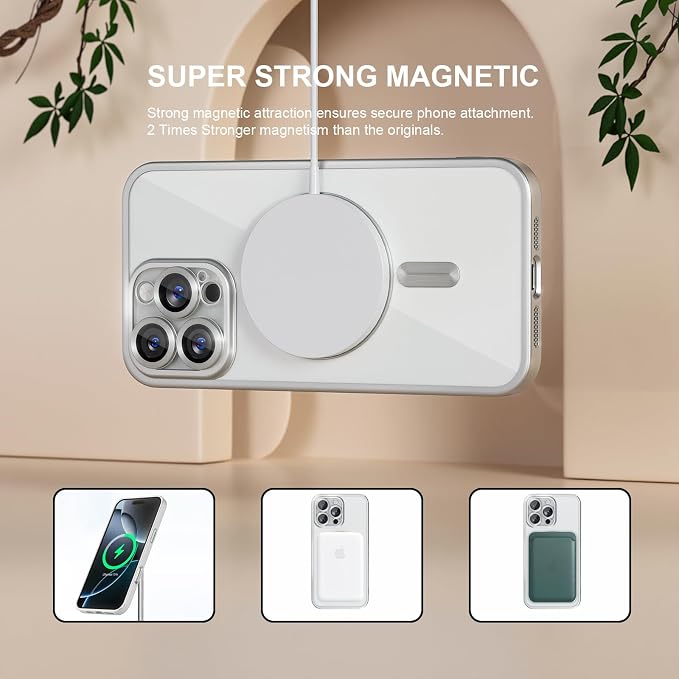 Misea Magnetic for iPhone 16 Pro Case Compatible with MagSafe [Never Yellowing] [Military Grade Drop Protection] Full Camera Lens Protector Plating Soft Clear Phone Case for Women, Titanium Silver