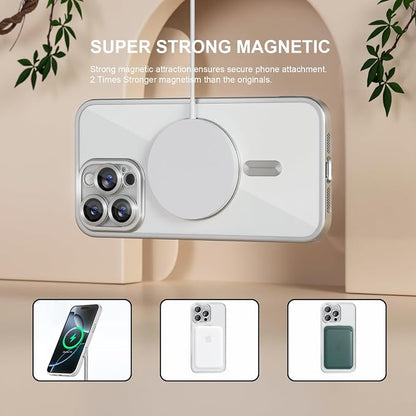 Misea Magnetic for iPhone 16 Pro Max Case Compatible with MagSafe [Never Yellowing] [Military Grade Drop Protection] Full Camera Lens Protector Plating Soft Clear Phone Case for Women, Titanium Silver