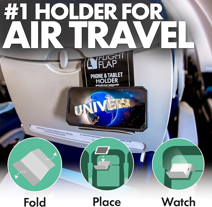 Flight Flap Airplane Phone Holder, Flexible Cell Phone Holder, Folding Cellphone Stand for Desk, Bed, Office, Treadmill - Airplane Gadgets for Long Travel Accessories - Plane Essentials (Black)