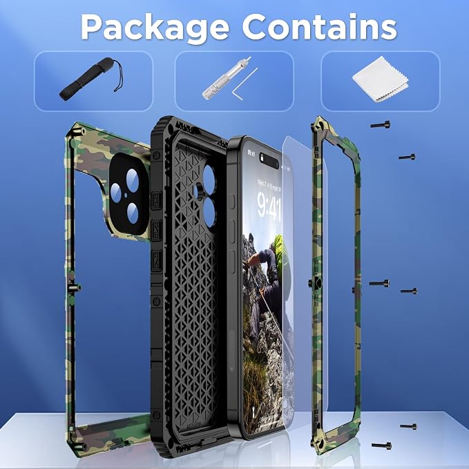 Mitywah Waterproof Case for iPhone 16 Plus, Shockproof Heavy Duty Case with Built-in Screen Protector, Underwater Full Body Protective Metal Case 6.7 inch, Camouflage