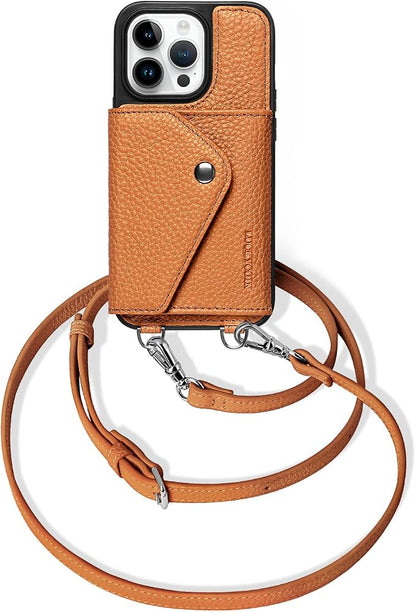 LUCKYCOIN for iPhone 14 Pro Crossbody Wallet Case – Genuine Leather Phone Purse with Adjustable Strap and Card Holder,Lanyard Phone Purse Case for Women,Pebble Grain Brown