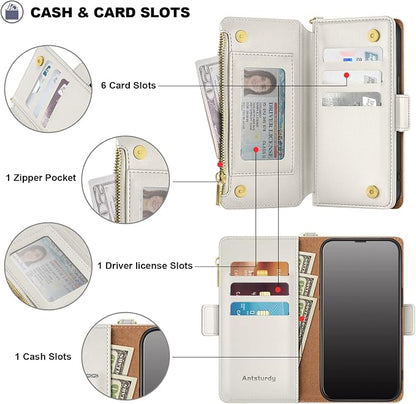 Antsturdy Compatible with iPhone 12 Wallet Case,RFID Blocking PU Leather Phone Case Women Men Kickstand Flip Cover Wrist Strap Zipper Credit Card Holder Slots,for Apple 12 Pro 6.1",Beige