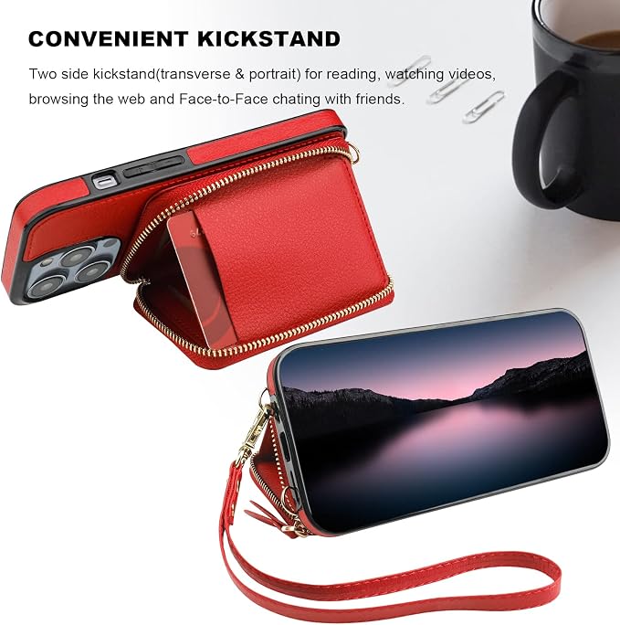 Bocasal RFID Blocking Wallet Case for iPhone 14 Pro, Adjustable Crossbody Zipper Purse Case Card Holder with Kickstand Detachable Wrist Strap, PU Leather Flip Folio Case 6.1 Inch 5G (Red)