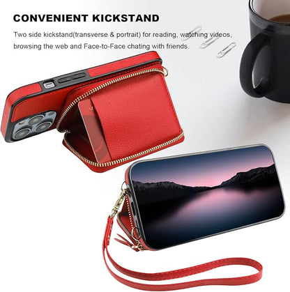 Bocasal RFID Blocking Wallet Case for iPhone 14 Pro, Adjustable Crossbody Zipper Purse Case Card Holder with Kickstand Detachable Wrist Strap, PU Leather Flip Folio Case 6.1 Inch 5G (Red)