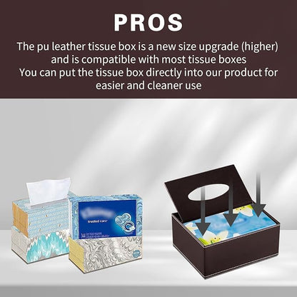 PU Leather Rectangular Tissue Box Cover - Multifunctional Tissue Box Holder with Stationery Remote Control Box, Decorative Tissue Pen Remote Organizer for Home/Office/Restaurant (Brown)