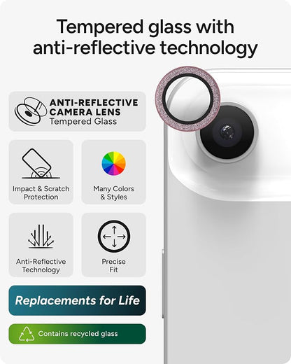 ZAGG iPhone Camera Lens Protector for iPhone Air - Pink Glitter, Camera Ring, Maximum Impact & Scratch Protection, Anti-Reflective Technology, Smudge-Resistant, Precise Fit, Glass Elite