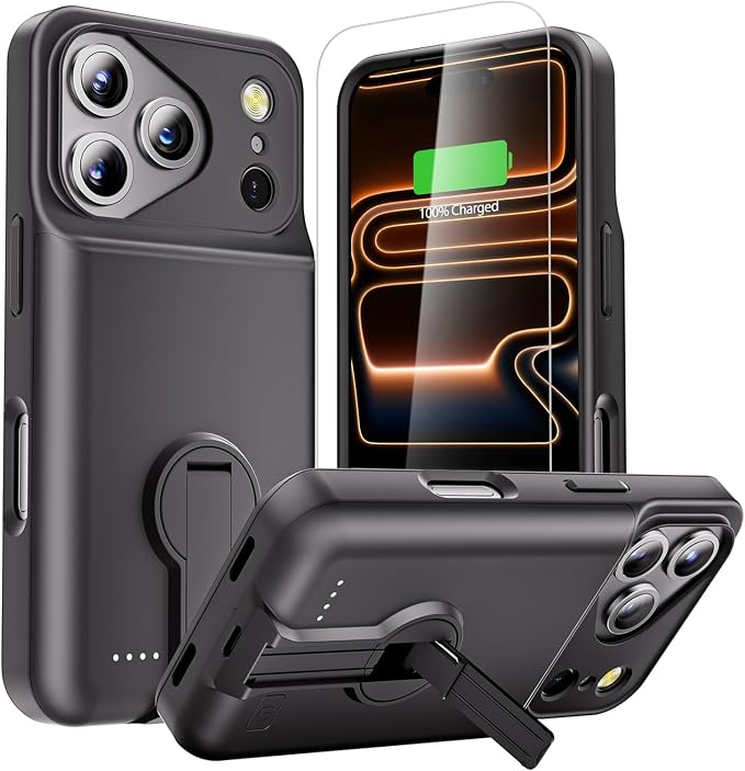 GIN FOXI for iPhone 17 Pro Battery Case with Stand, Charging Case Charger 8500mAh Ultra-Slim Lightweight Powerful Battery Pack 15W Fast Rechargeable Anti-Fall TPU Juice Box (6.3") Black