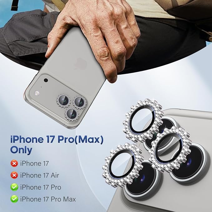 Xfilm for iPhone 17 Pro / 17 Pro Max Camera Lens Protector Gear Bling Diamond, Individual Metal with 9H Hardness, Scratch-Proof Camera Screen Protector, Stylish Accessories, Case Friendly (Gray)