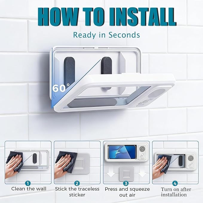 2026 Waterproof Phone Holder for Shower with Bluetooth Speaker,360° Rotatable Mount with Volume Adjustment Button,Shower Phone Holder Waterproof for 4" - 7" Cell Phone