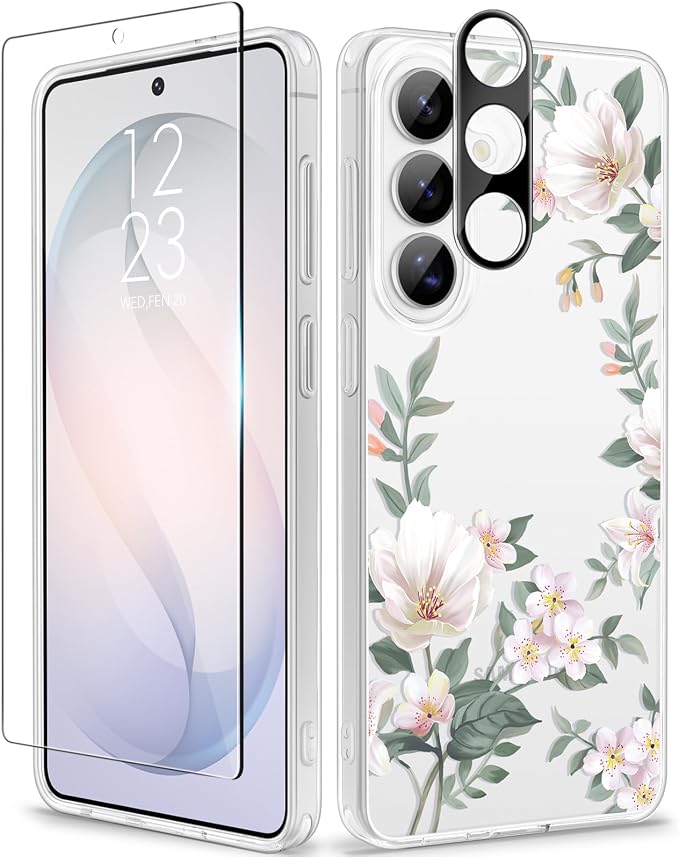 GVIEWIN for Samsung Galaxy S26 Case, Clear Floral Slim Shockproof Protective Women Phone Case, Non-Yellowing, with Screen Protector & Camera Lens Protector for Galaxy S26 6.3", Magnolia/White