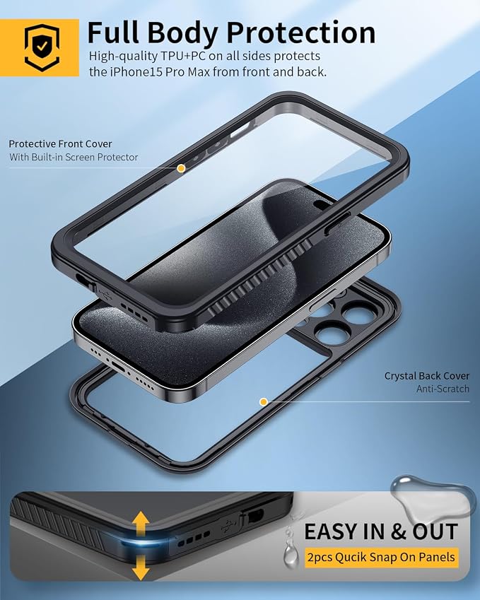 Lanhiem for iPhone 15 Pro Max Waterproof Case, Dustproof Case Built-in Screen Protector & Camera Protection, Full Body Heavy Duty Rugged Clear Phone Cover for 15 Pro Max (Black)