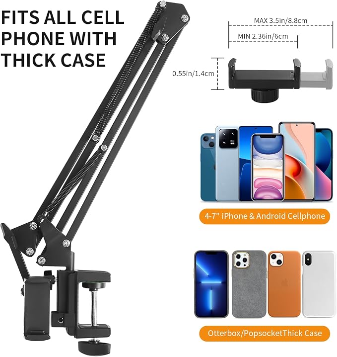 Phone Holder for Desk, Phone Holder for Bed with Adjustable Clamp Clip, Flexible Phone Stand Lazy Bracket Mount Long Arms Clamp for iPhone, Samsung, Google Pixel, Moto (Black)
