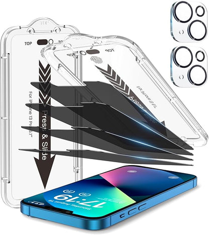 EZ-GLAZ- 4 Pack for iPhone 13 Privacy Screen Protector[6.1"] With 2 Pack Camera Lens Protector, [Drop Protection] 9H Hardness Full Coverage Anti-Spy Tempered Glass Film, Easy to install | True 28°Anti Spy, Glass Privacy Screen, Tempered, Longest Durable