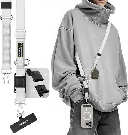 MAGEASY 20mm FidLock Dual Crossbody Utility Strap- Adjustable Crossbody Phone Lanyard with Magnetic Quick Release Buckle, Universal Durable Strap for iPhone 16 Pro Max & Most Smartphones - Galaxy Gray