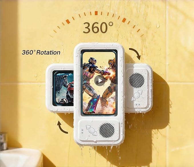 Waterproof Phone Holder with Speaker, Shower Phone Holder Waterproof, Shower Phones Holder with Wireless Bluetooth Speaker with 360° Rotation Ipx4 Aqua with Shower Play(White)