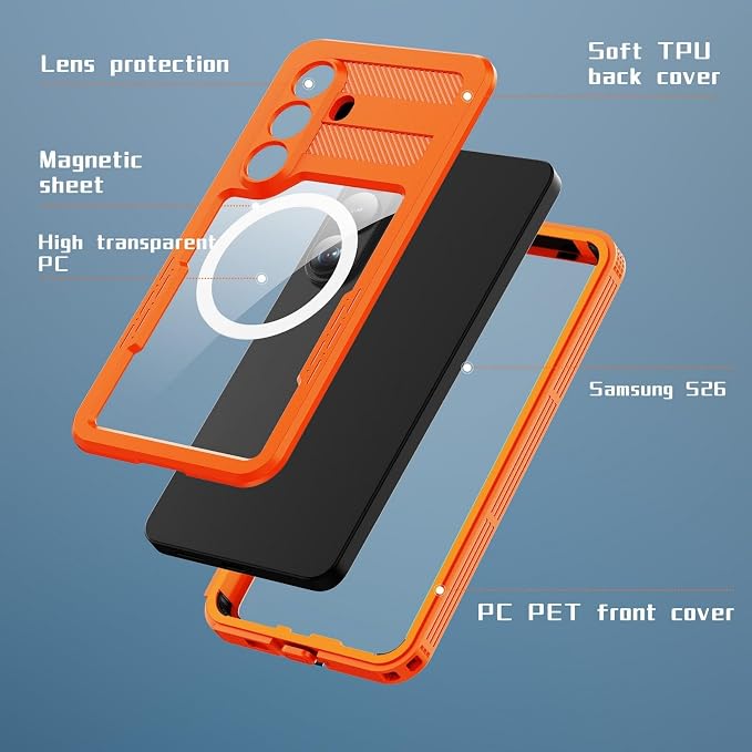 Omio Designed for Galaxy S26 Waterproof Case Compatible with MagSafe, Magnetic Waterproof Full Body IP68 Underwater Case Built-in Screen Protector Military Grade Shockproof Case for Men Women Orange
