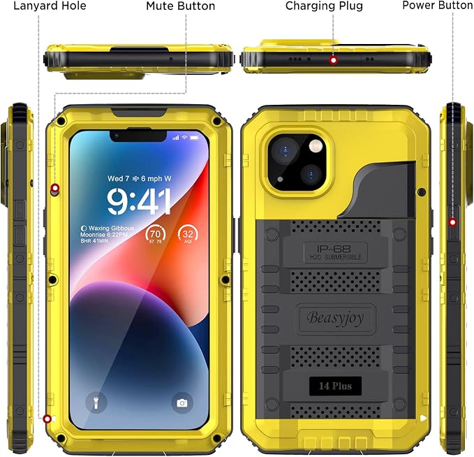 Beasyjoy for iPhone 14 Plus Case, IP68 Waterproof Metal Heavy Duty Defender Case with Built-in Screen Protector, Military Grade Full Body Protective Defender Shockproof Rugged Cover 6.7 Inch, Yellow