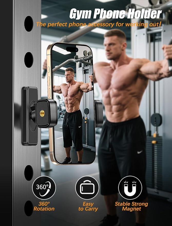 Gym Magnetic Phone Holder【Strong Magnets】- 360 Adjustable Magnetic Phone Mount, Phone Holder Gym Accessories for Men Women Compatible with All Smartphones 4.7-7"