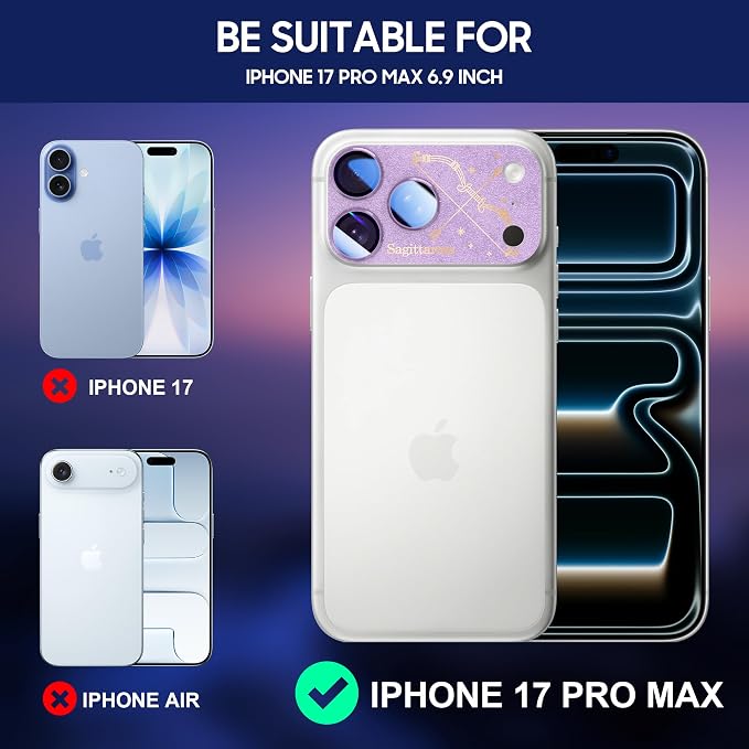2 Pack Camera Lens Protector for iPhone 17 Pro Max,Pisces Pattern, AR 360-Degree Protection,Drop Protection,Anti Scratch Full-Coverage,Camera Transmfttance HD,Easy Installation, Purple