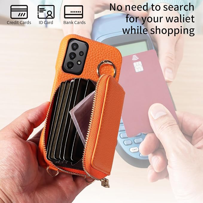 Wallet Case for Samsung Galaxy A32 5G 2021 6.5 inch with Shoulder Strap Ring Buckle Zipper Flip Organ Purse Credit Card Holder Stand Phone Cover for M32 G5 A 32 32A S32 SM-A326U A326U Orange