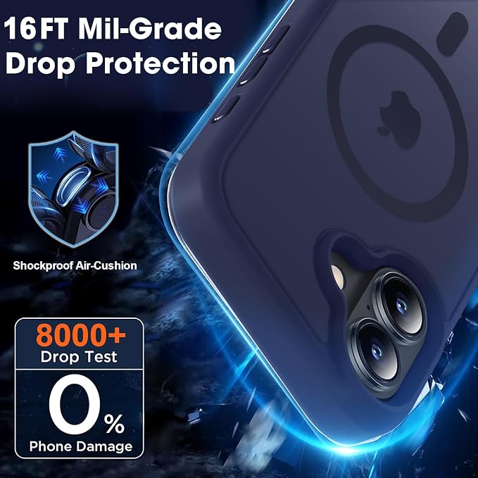MOCCA Strong Magnetic for iPhone 16 Case, [Compatible with Magsafe][16FT Mil-Grade Drop Protection] Slim Thin Translucent Matte Protective Cover Case for iPhone 16 Phone Case 6.1", Deep Blue
