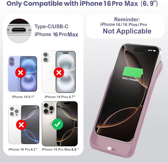 Feob Battery Case for iPhone 16 Pro Max,Ultra-Slim 8600mAh Portable Charger Cover 360°Protection Rechargeable Extended Battery Charging Case for iPhone 16 Pro Max-Pink