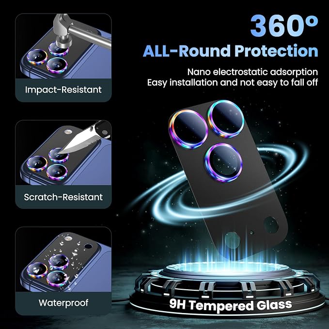 Uyiton for iPhone 17 Pro Max Camera Lens Protector, Not Easy to Break [Strong Adsorption][Case-Friendly] Metal Tempered Glass Rear Camera Screen Cover, Colorful Black