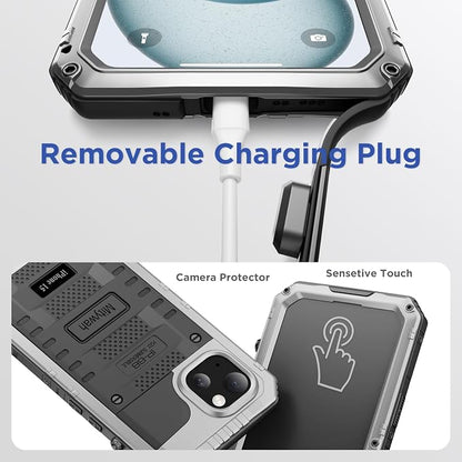 Mitywah Waterproof Case for iPhone 15, Heavy Duty Shockproof Case with Built-in Screen Protector, Full Body Underwater Protective Metal Case 6.1 inch, Silver