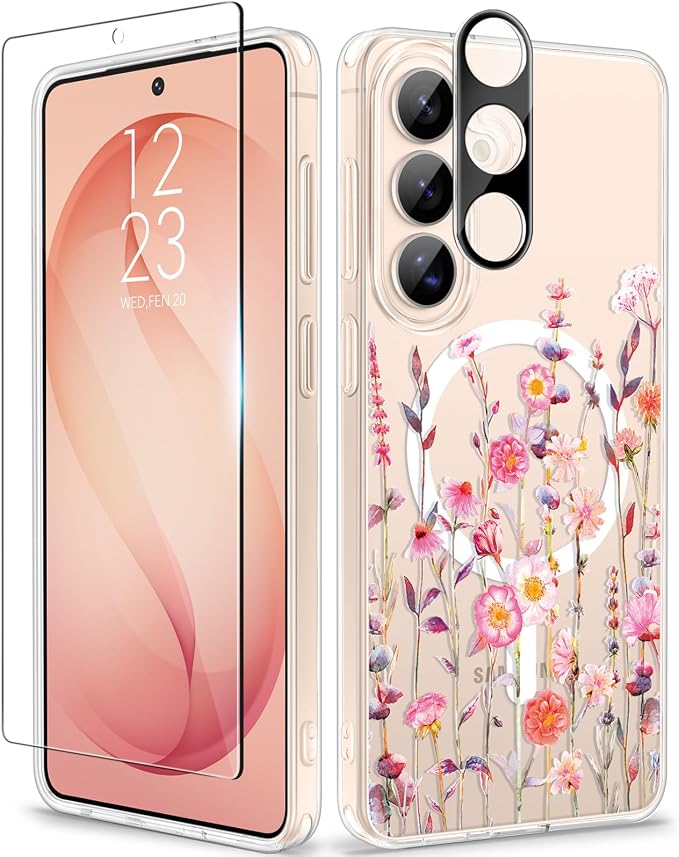 GVIEWIN for Samsung Galaxy S26 Plus Case Compatible with MagSafe, Clear Floral Shockproof Protective Women Phone Case, Non-Yellowing, Screen&Camera Lens Protector for S26 Plus 6.7",Floratopia/Orange