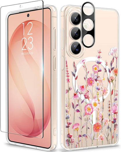 GVIEWIN for Samsung Galaxy S26 Plus Case Compatible with MagSafe, Clear Floral Shockproof Protective Women Phone Case, Non-Yellowing, Screen&Camera Lens Protector for S26 Plus 6.7",Floratopia/Orange