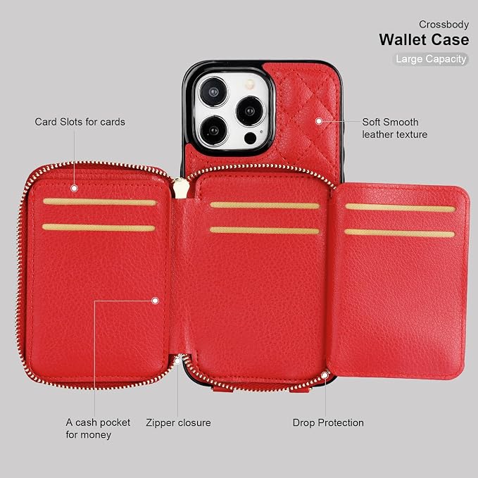 Bocasal Crossbody Wallet Case for iPhone 15 Pro Max, RFID Blocking PU Leather Zipper Handbag Purse Flip Cover, Kickstand Folio Case with Card Slots Holder Wrist Strap Lanyard 5G 6.7 Inch (Red)