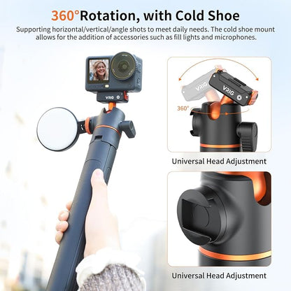 VRIG 55" Action Camera Selfie Stick Tripod for DJI Osmo Action 6/ Osmo Nano, Dual-Direction Magnetic Quick Release Adapter, 360° Ball Head & Cold Shoe Mount, 13 to 55 inches Extendable Rod, AC-71