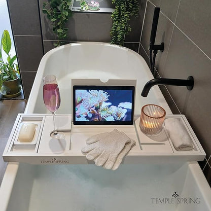 Temple Spring Bamboo Bathtub Tray Caddy for Tub — Expandable Wood Bath Tray with Solid Book Stand Wine Holder and Non-Slip Pads — Includes Bamboo Soap Dish and Spa Accessories — Luxury Bath Gift Set
