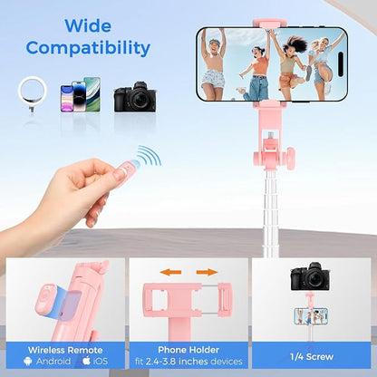 Selfie Stick Travel Tripod for Cell Phone with Remote Control and Phone Holder, Extendable Selfie Stick for iPhone, iPhone Tripod for Video Recording, 50 Inch, Pink