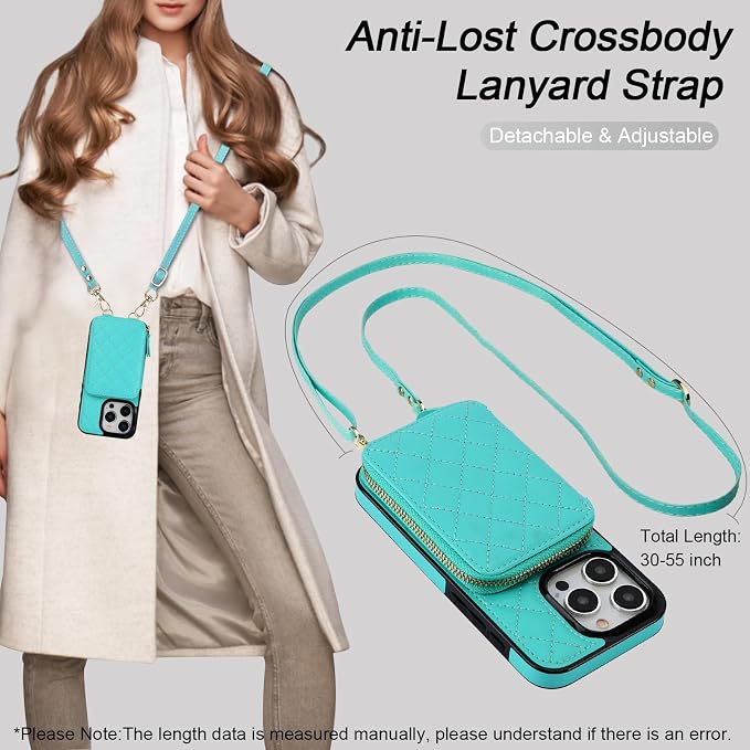 Bocasal Crossbody Wallet Case for iPhone 15 Pro, RFID Blocking PU Leather Zipper Handbag Purse Flip Cover, Kickstand Folio Case with Card Slots Holder Wrist Strap Lanyard 5G 6.1 Inch (Mint Green)