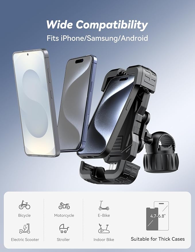 TECKNET Anti-Shake Motorcycle Phone Mount, Dual Vibration Dampener Bike Phone Holder for iPhone 17/16/15/14/13 Series & 4.7–6.8" Phones, Handlebar Cell Phone Holder for Motorcycle/Bicycle/Scooter