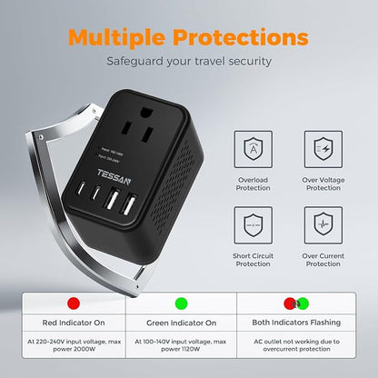 TESSAN 220 to 110 Voltage Converter, Black | US to Europe, 4 USB Ports (2 USB C), 2 AC Outlets, EU/UK/AU Plug, Step Down Transformer