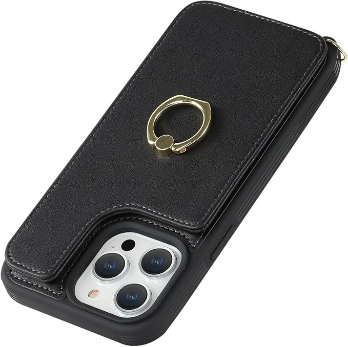 Lipvina for iPhone 13 Pro Case with Card Holder and Strap for Women,Crossbody Lanyard,RFID Blocking,Kickstand Ring Stand,Snap Clasp,Phone Wallet Cases 6.1 inch(Black)