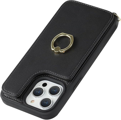 Lipvina for iPhone 12/12 Pro Case with Card Holder and Strap for Women,Crossbody Lanyard,RFID Blocking,Kickstand Ring Stand,Snap Clasp,Phone Wallet Cases 6.1 inch(Black)