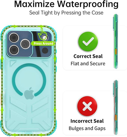 for iPhone 17 Pro Max Waterproof Case, Fit for Magsafe, IP68 Full Body Shockproof Dustproof, Built-in Camera Control and Screen Protector, 15FT Heavy Duty Military, 6.3" Cyan