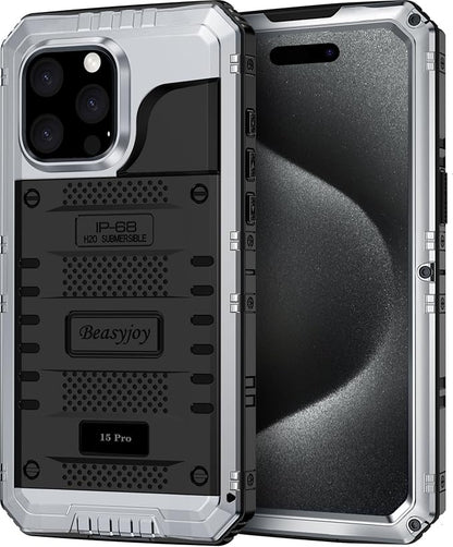 Beasyjoy iPhone 15 Pro Waterproof Case, Metal Heavy Duty Full Body Protective With Built-in Screen Protector, Military Grade Shockproof Dustproof Defender for 6.1", Silver