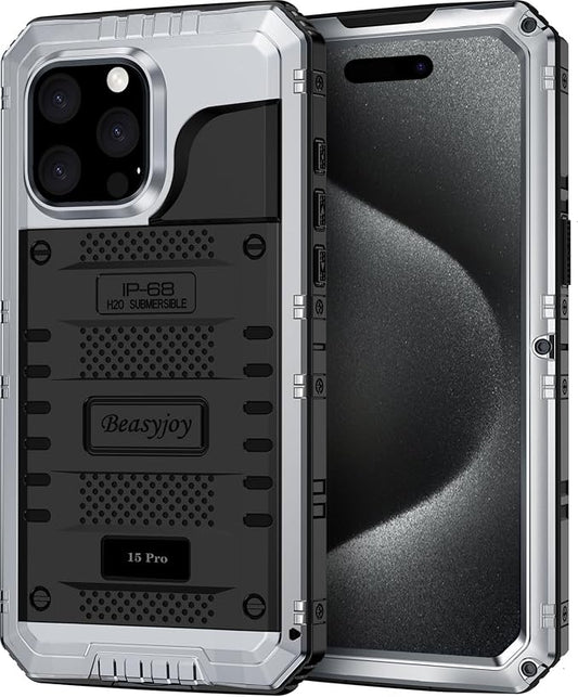 Beasyjoy iPhone 15 Pro Waterproof Case, Metal Heavy Duty Full Body Protective With Built-in Screen Protector, Military Grade Shockproof Dustproof Defender for 6.1", Silver
