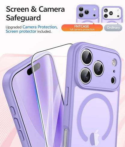 FNTCASE for iPhone 17 Pro Max Case: [Compatible with Magsafe] Translucent Matte Cases with [Full Camera Protection] [Screen Protector] Military Grade Shockproof Protective Phone Cover - Light Purple