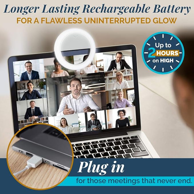 GearLight Selfie Ring Light for Computer or Phone - iPhone Compatible LED Lighting for Laptop Webcam, Video Recording - Rechargeable Circle Clip - Cute Stuff & Room Decor - White - 3.5 inch