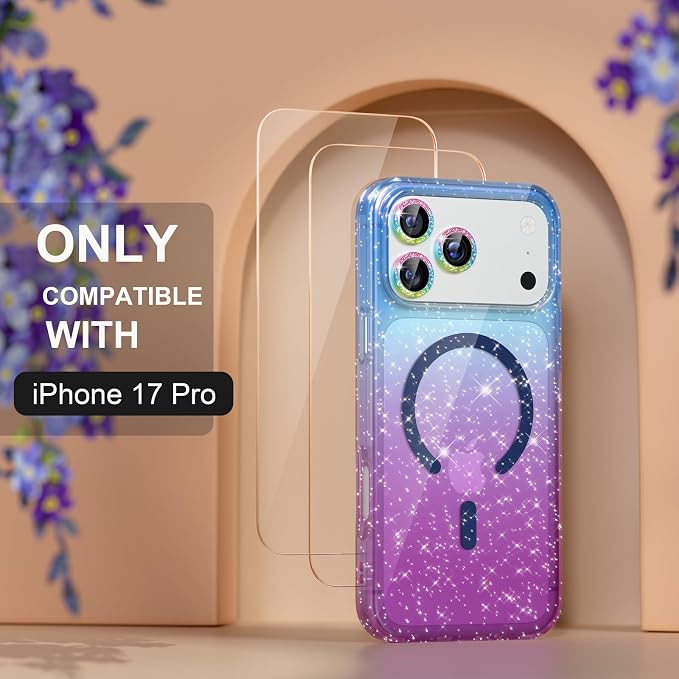 Choiche Magnetic for iPhone 17 Pro Case Compatible with MagSafe, Women Cute Glitter Sparkly Phone Case with Diamond Camera Lens Protectors, Military-Grade Drop Protection 6.3" (Blue/Purple)