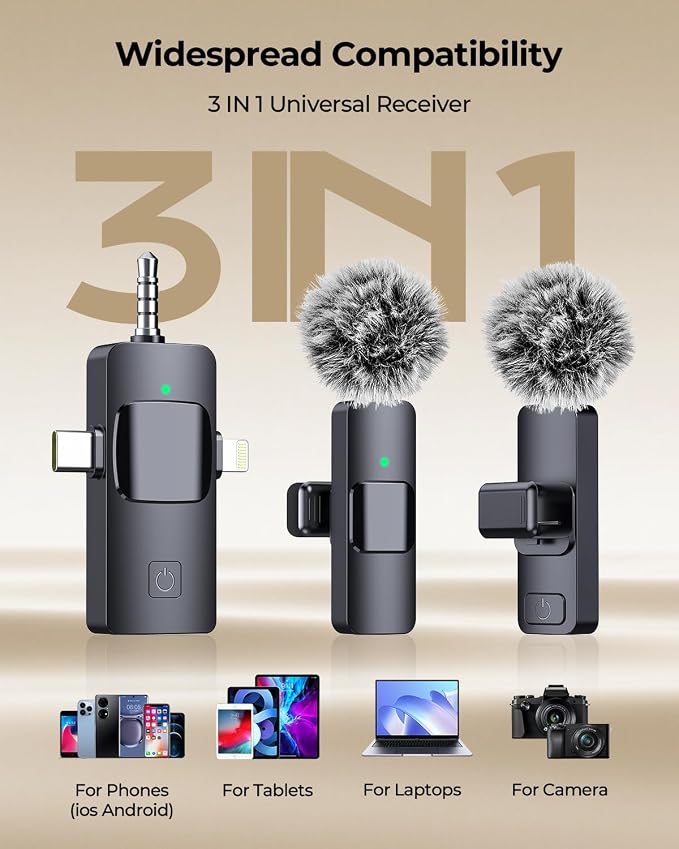 3-in-1 Microphone for iPhone, Android, Camera, Wireless Microphones, Mini Microphone, Lapel Mic with Noise Reduction, Crystal Clear Sound & 7H Battery for Recording, YouTube, Podcast