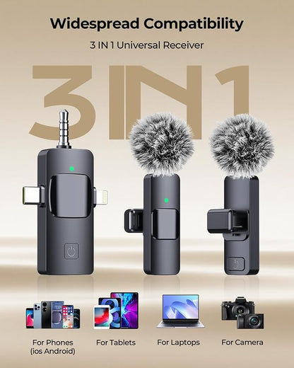 3-in-1 Microphone for iPhone, Android, Camera, Wireless Microphones, Mini Microphone, Lapel Mic with Noise Reduction, Crystal Clear Sound & 7H Battery for Recording, YouTube, Podcast