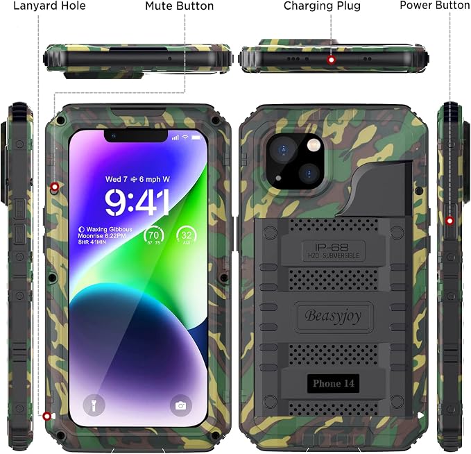 Beasyjoy for iPhone 14 Case Waterproof, Metal Heavy Duty Full Body Protective Case with Built-in Screen Protector, Military Grade Shockproof Dustproof Defender Rugged Cover 6.1 Inch, Camo