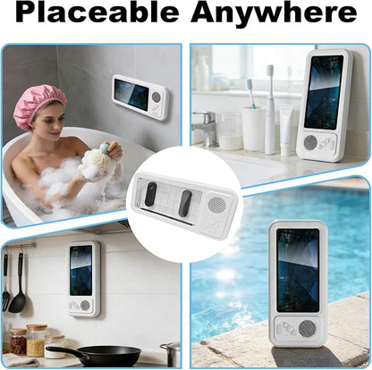 Wall Mount Shower Phone Holder Waterproof,Bathroom Accessories,Waterproof Phone Case,Shower Phones Holder With Speaker,360° Rotation,Suction Cup Bathroom Case Mount Shelf (White)